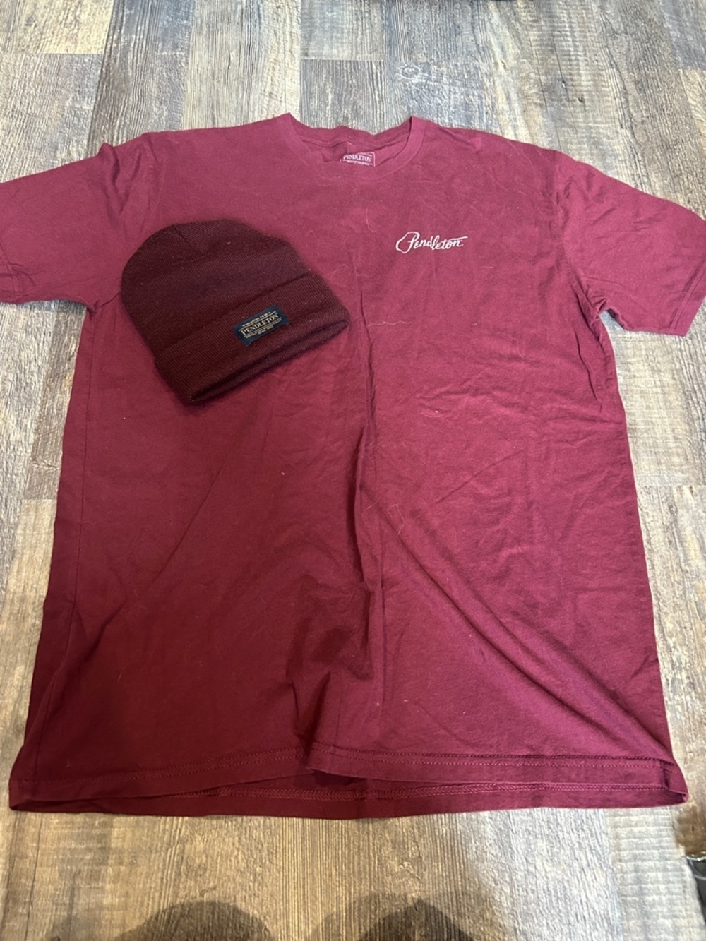 Pendleton Short Sleeve Tee in Burgundy and hat
